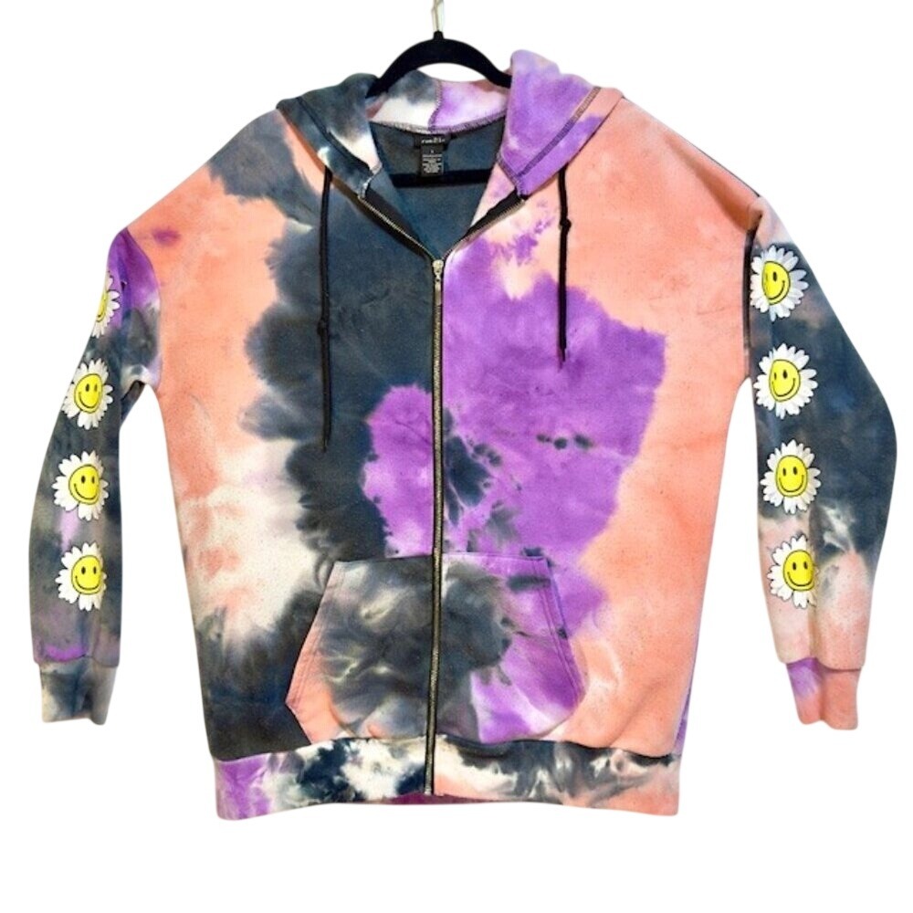 Rue 21 Tie Dye Hoodie Positive Vibes Smiley Flower Full Zip Sweatshirt Size L
